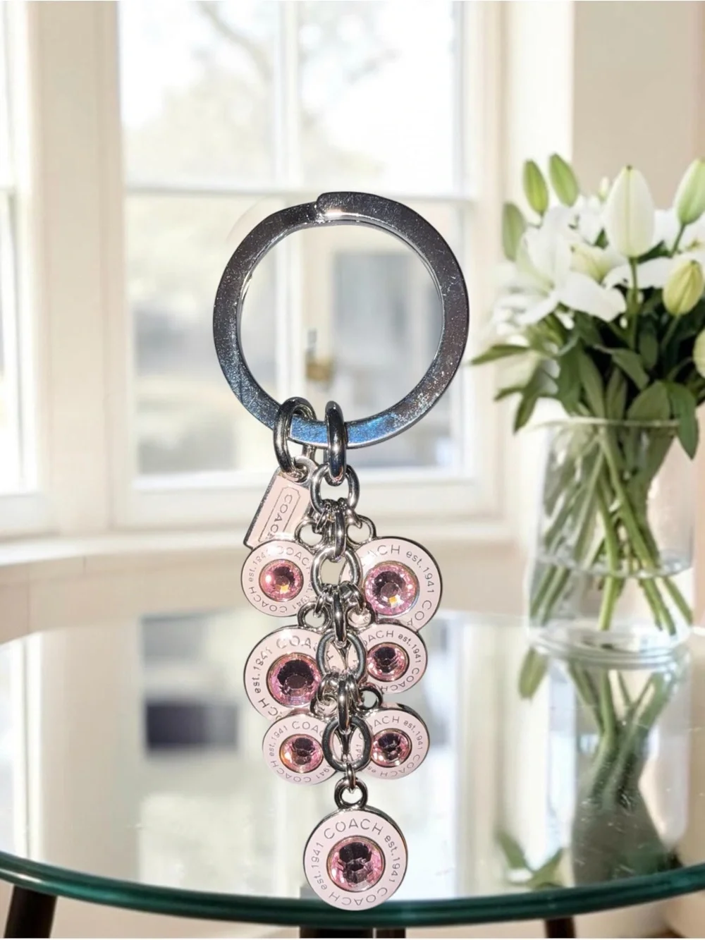 Coach Silver Keyring with Pink Crystal Disc Charms